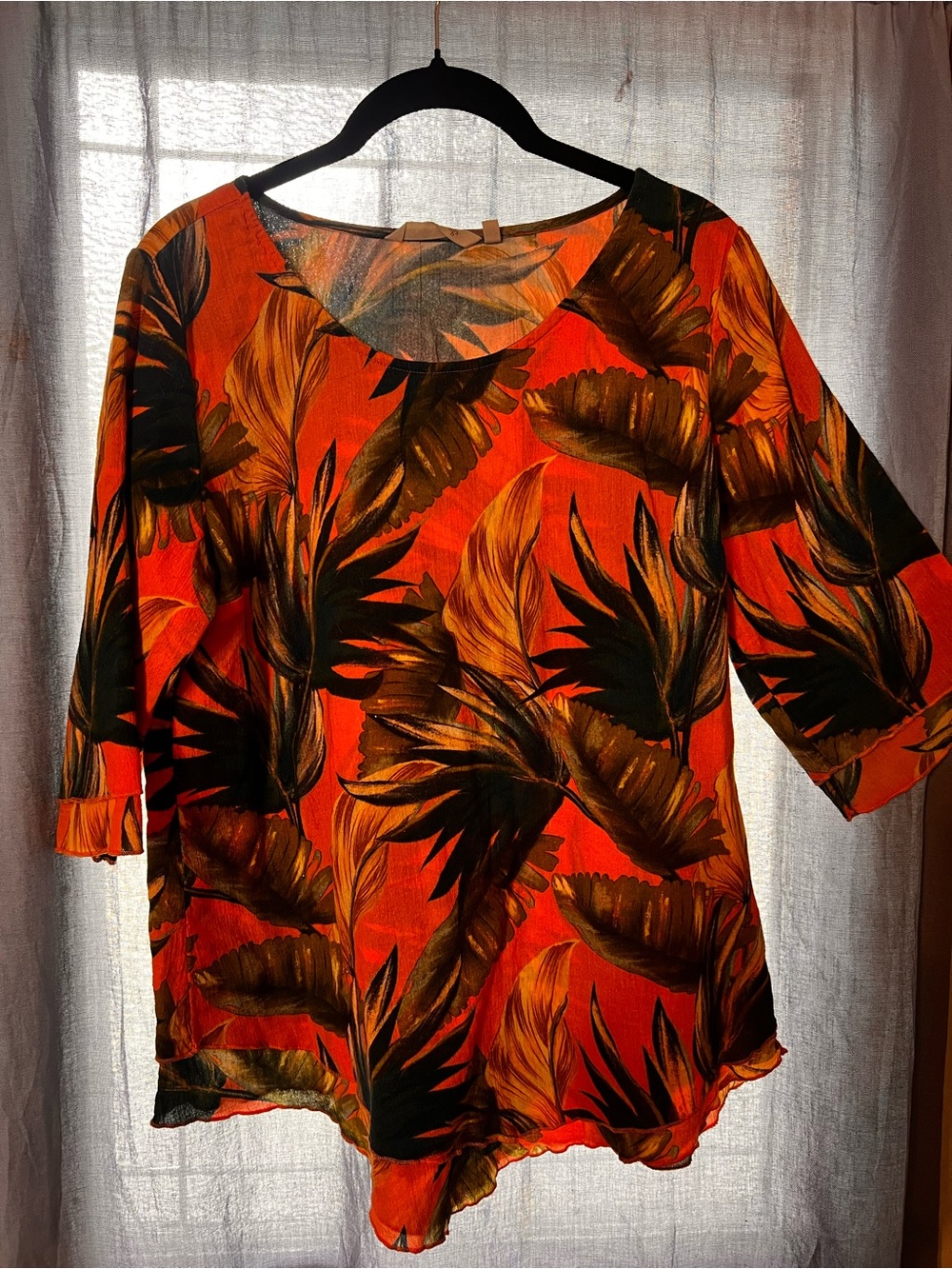 Soft Surroundings Orange Tropical Leaf Scoop Neck Tunic